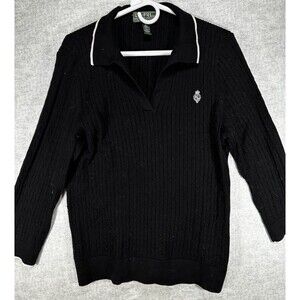 Women's RALPH LAUREN SPORT Pullover Cable Knit Sweater Black Size XL V Neck